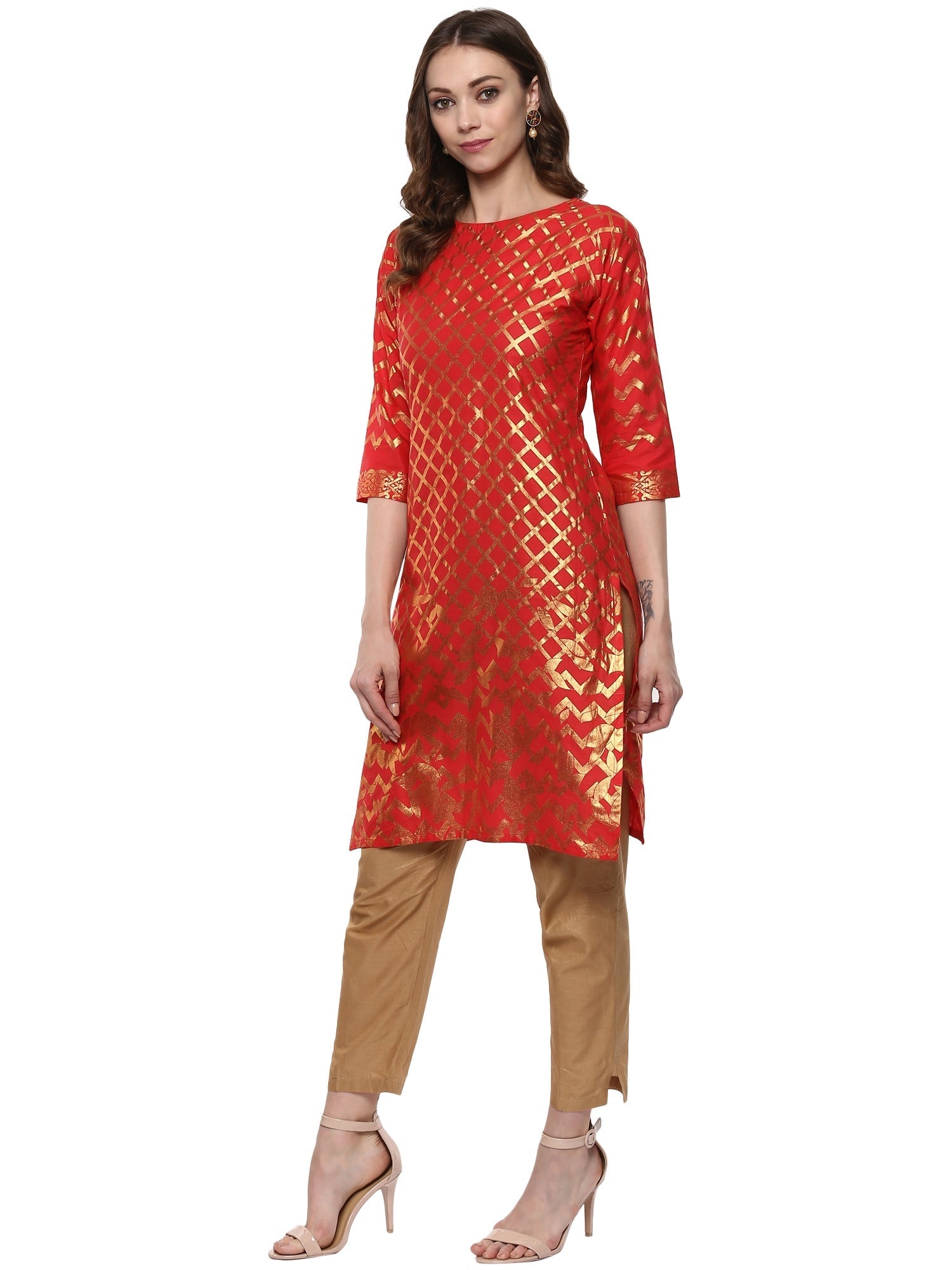 Fiery Red Cotton Blend Kurta with Metallic Gold Print