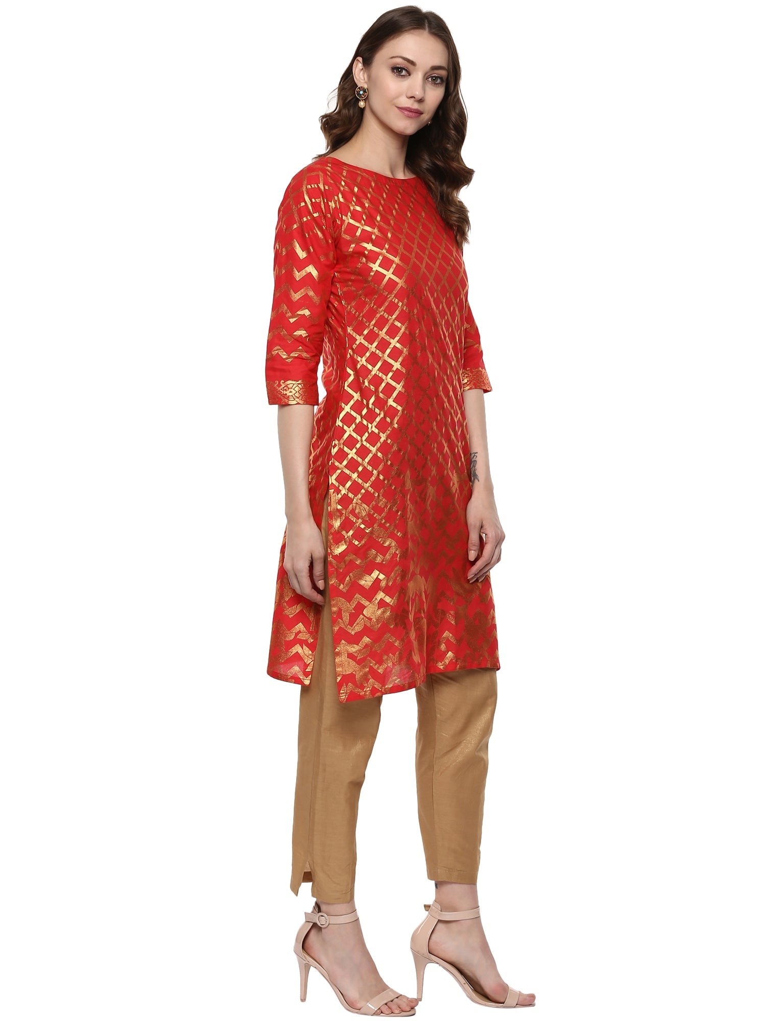 Fiery Red Cotton Blend Kurta with Metallic Gold Print