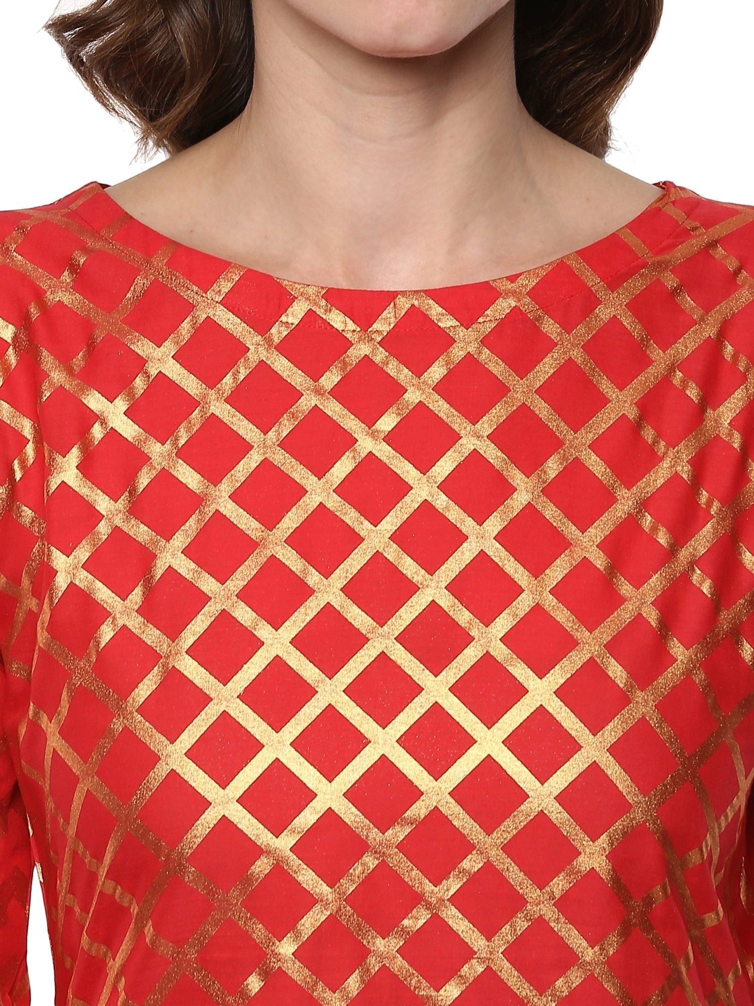 Fiery Red Cotton Blend Kurta with Metallic Gold Print