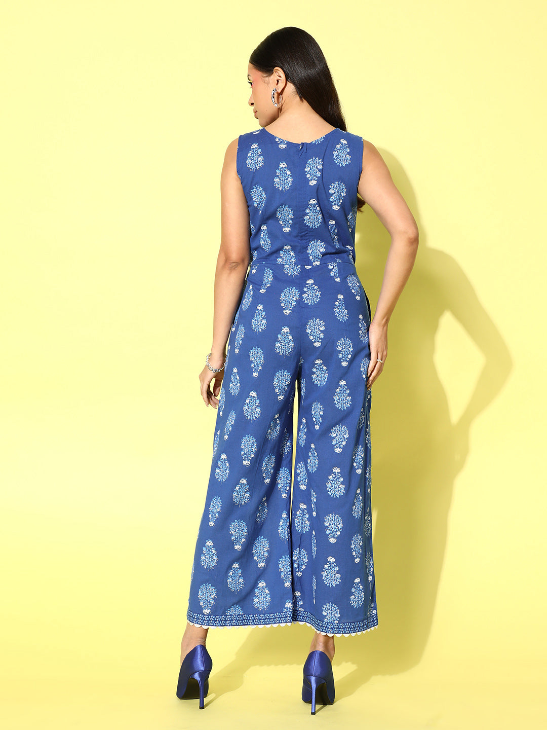 Blue Printed Cotton Waist Tie-Ups Pure Cotton Jumpsuit