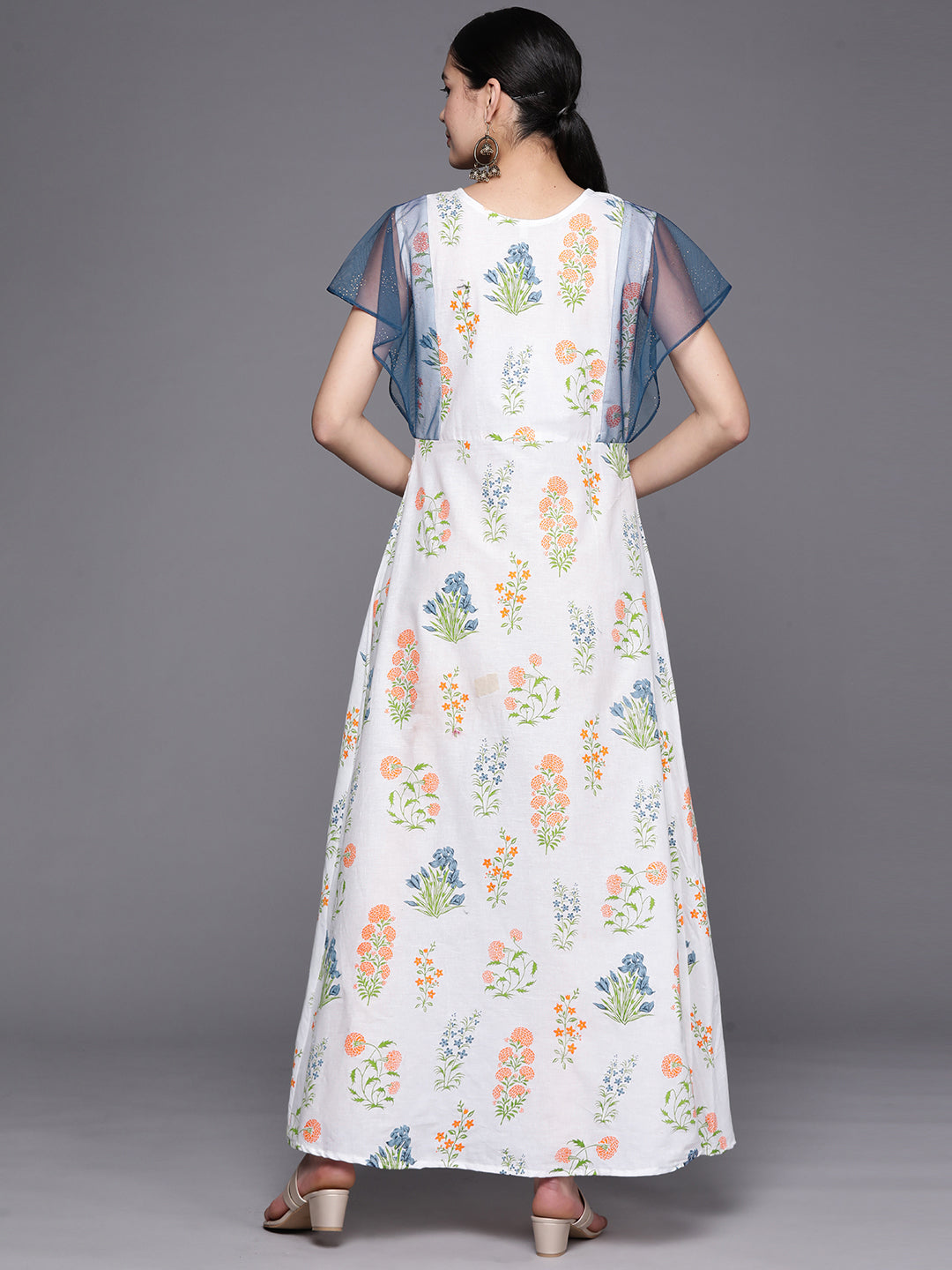 White & Blue Printed A-Line Pure Cotton Kurta