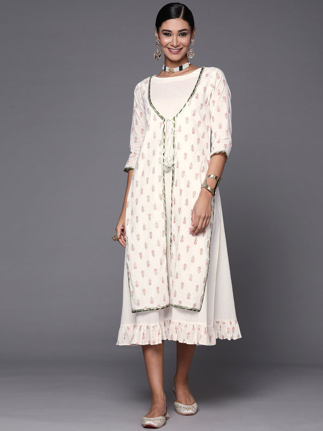 Off White & Pink Floral Print A-Line Pure Cotton Midi Dress