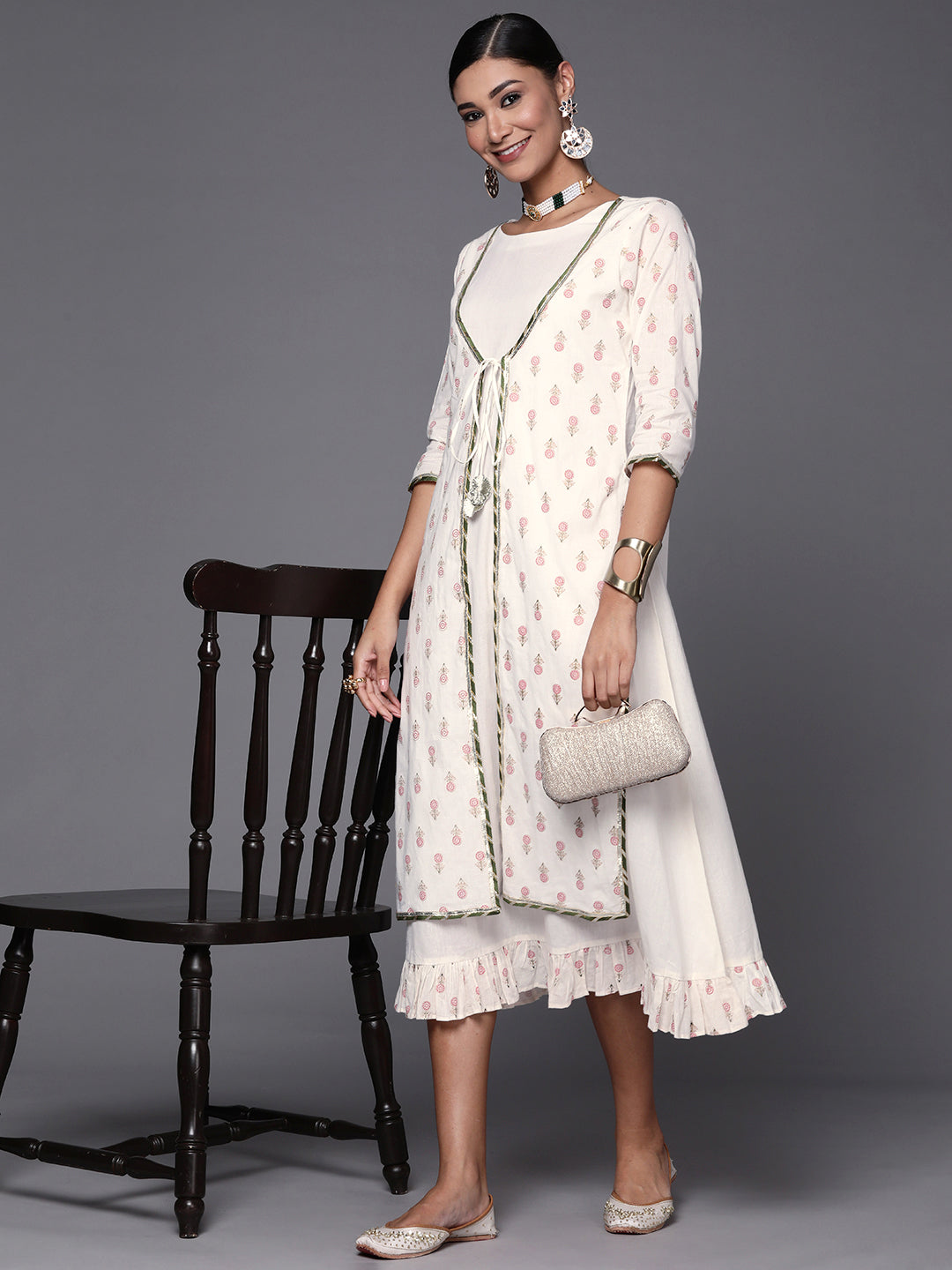 Off White & Pink Floral Print A-Line Pure Cotton Midi Dress