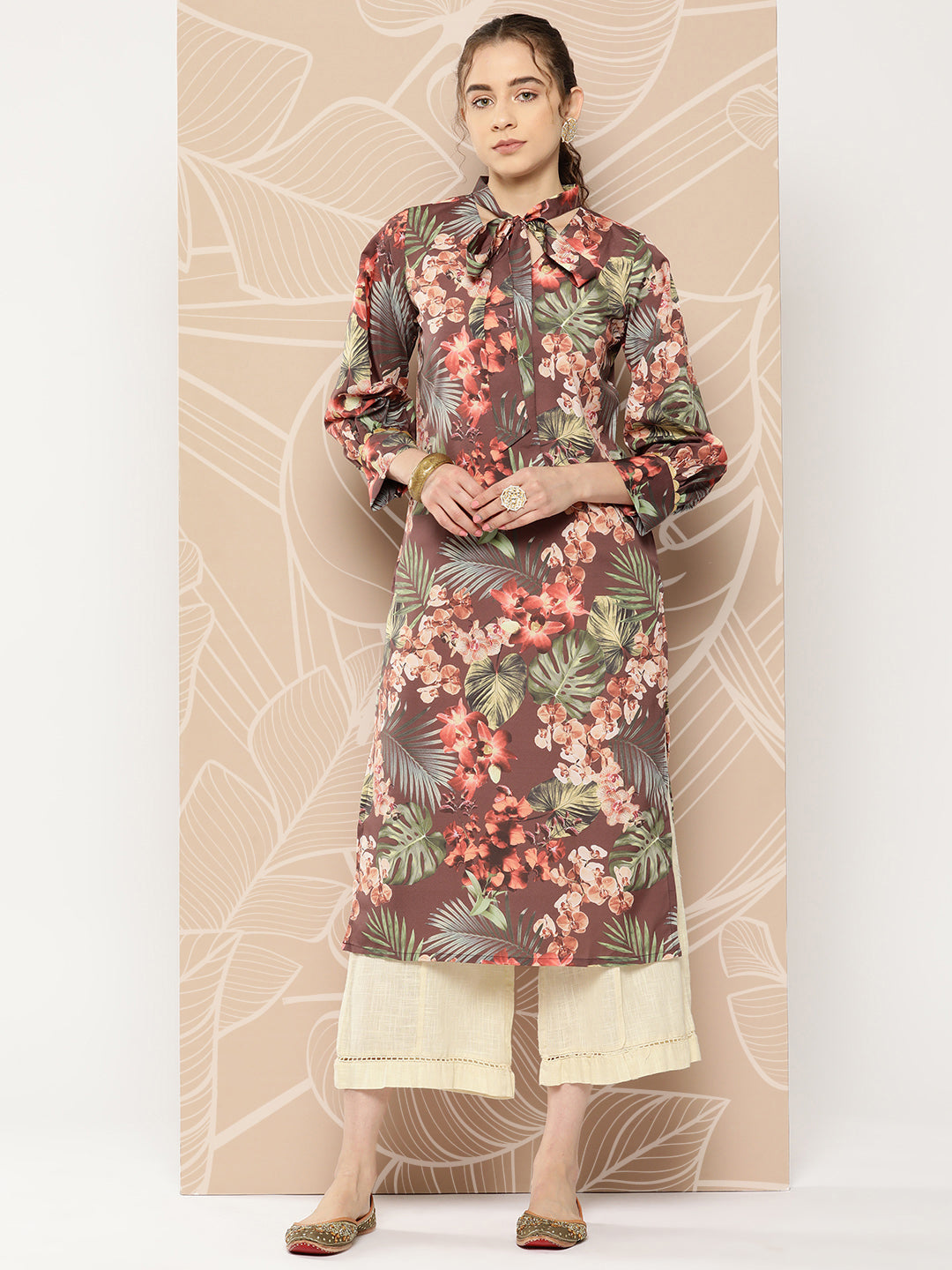 Ahalyaa Women Brown & Orange Floral Printed Crepe Kurta