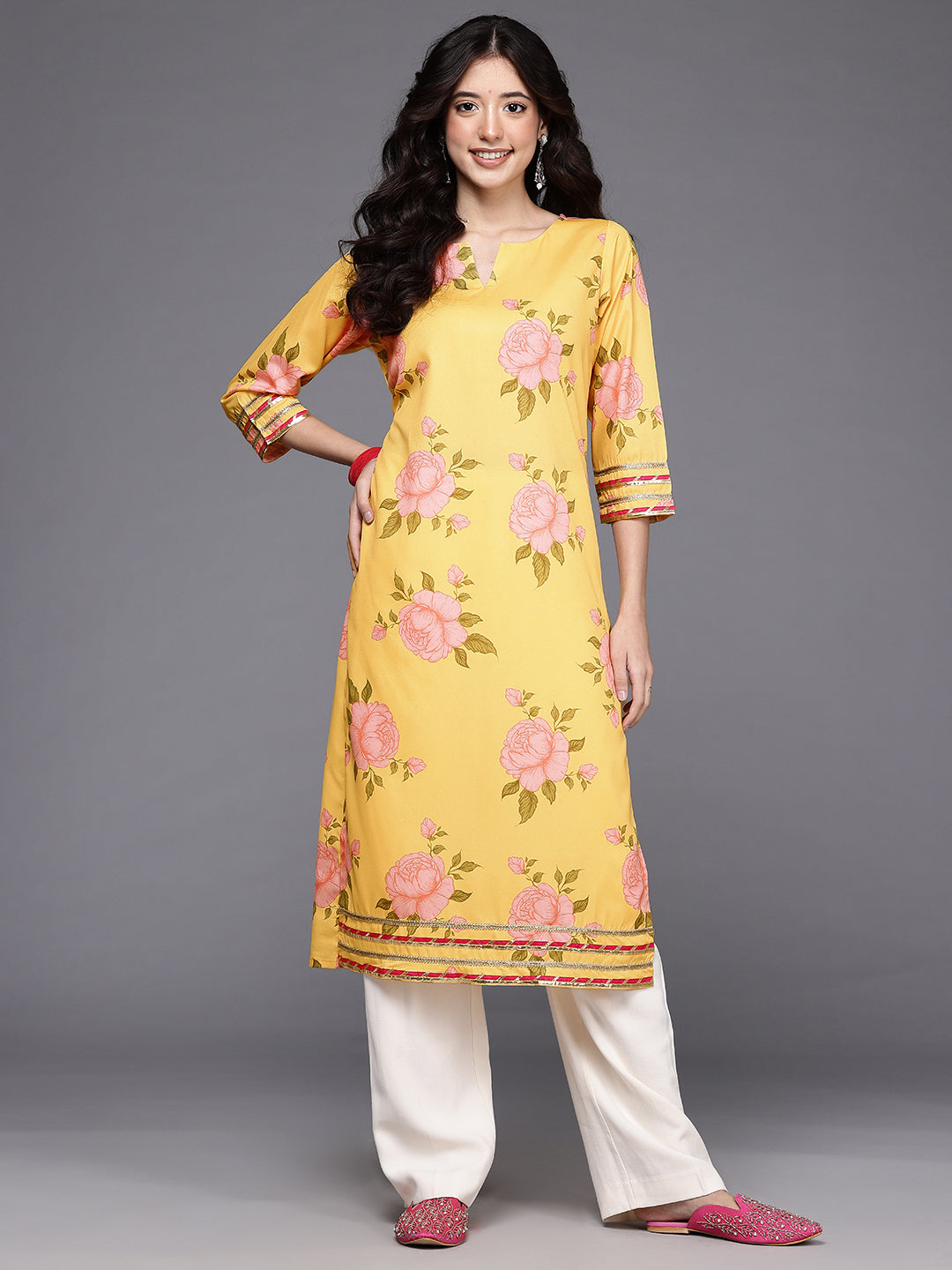 Floral Printed Gotta Patti Crepe Kurta-AH