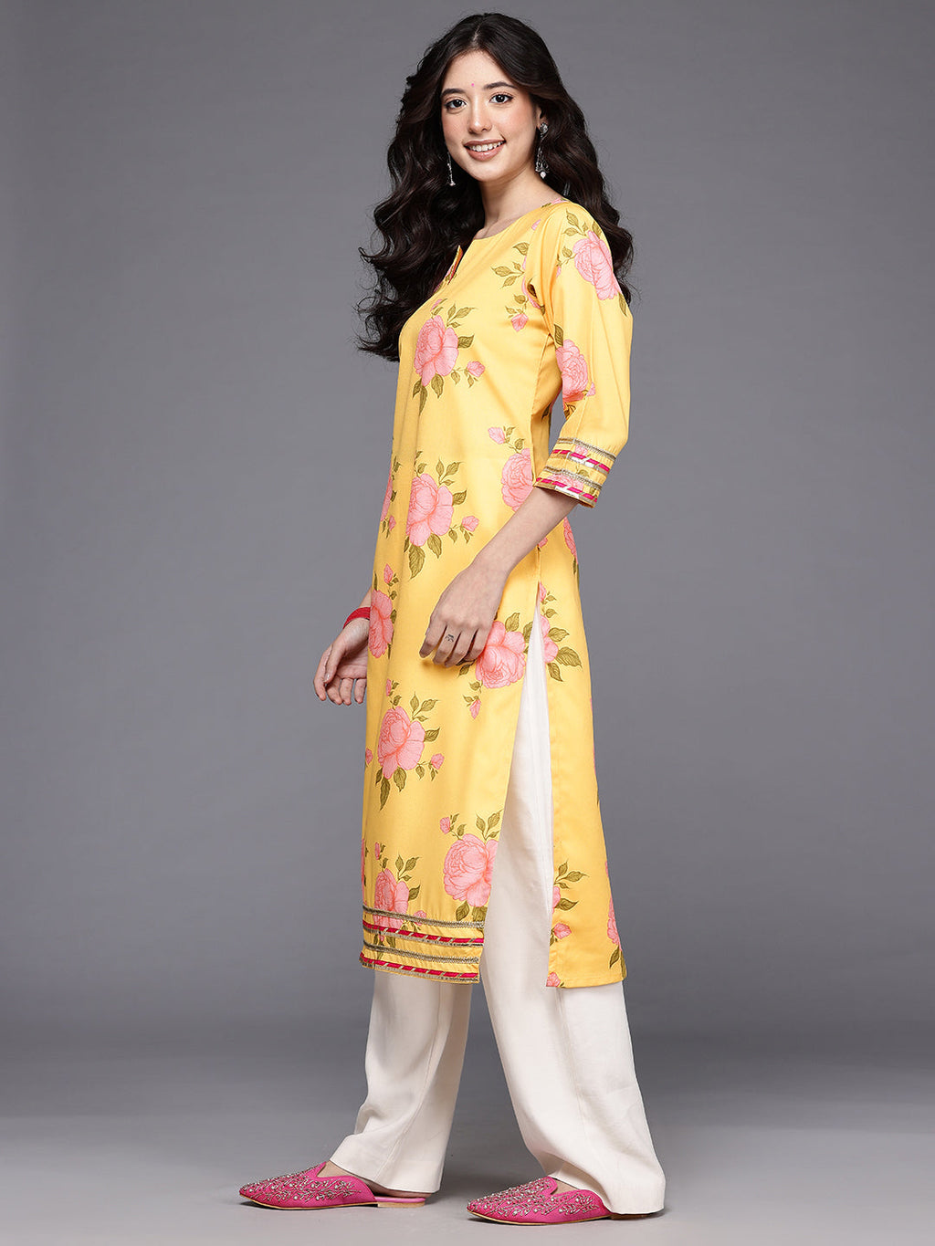 Floral Printed Gotta Patti Crepe Kurta-AH