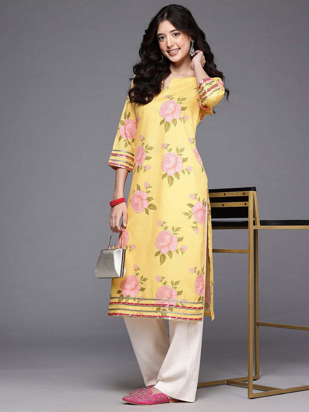 Floral Printed Gotta Patti Crepe Kurta-AH