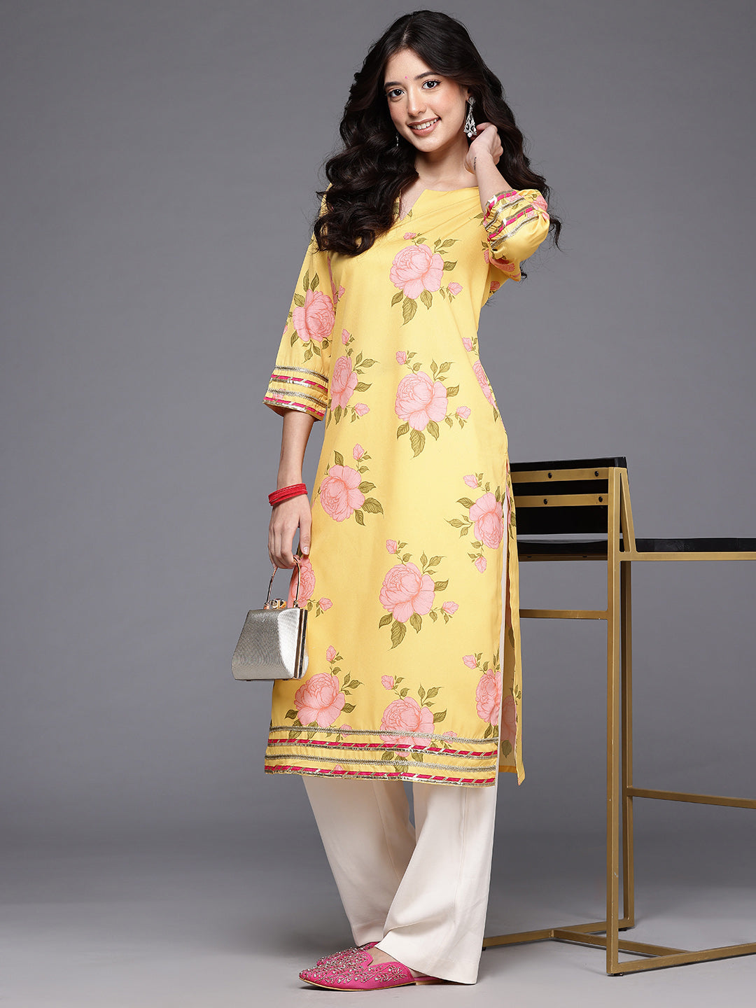 Floral Printed Gotta Patti Crepe Kurta-AH