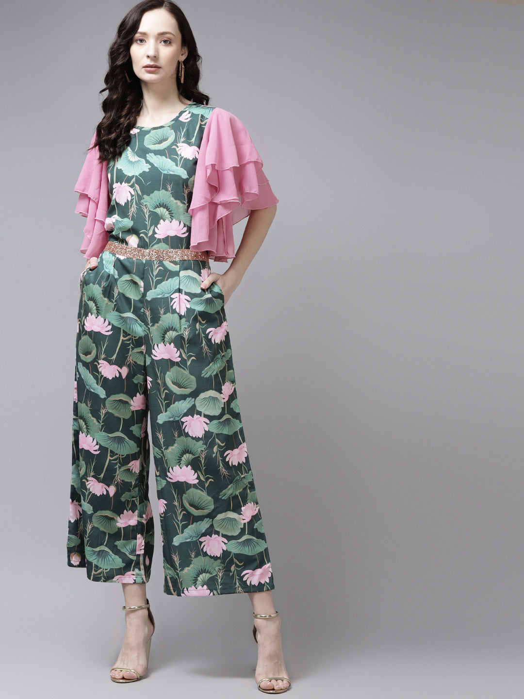 Dark Green Floral Printed Jumpsuit