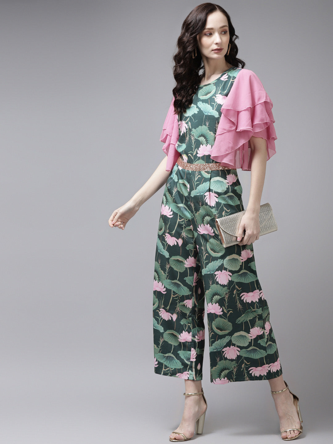 Dark Green Floral Printed Jumpsuit