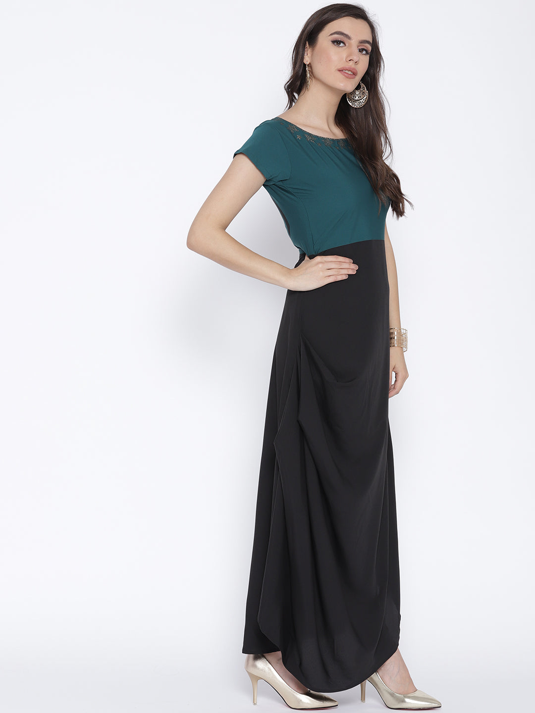 Black & Green Colourblocked A-Line Kurta