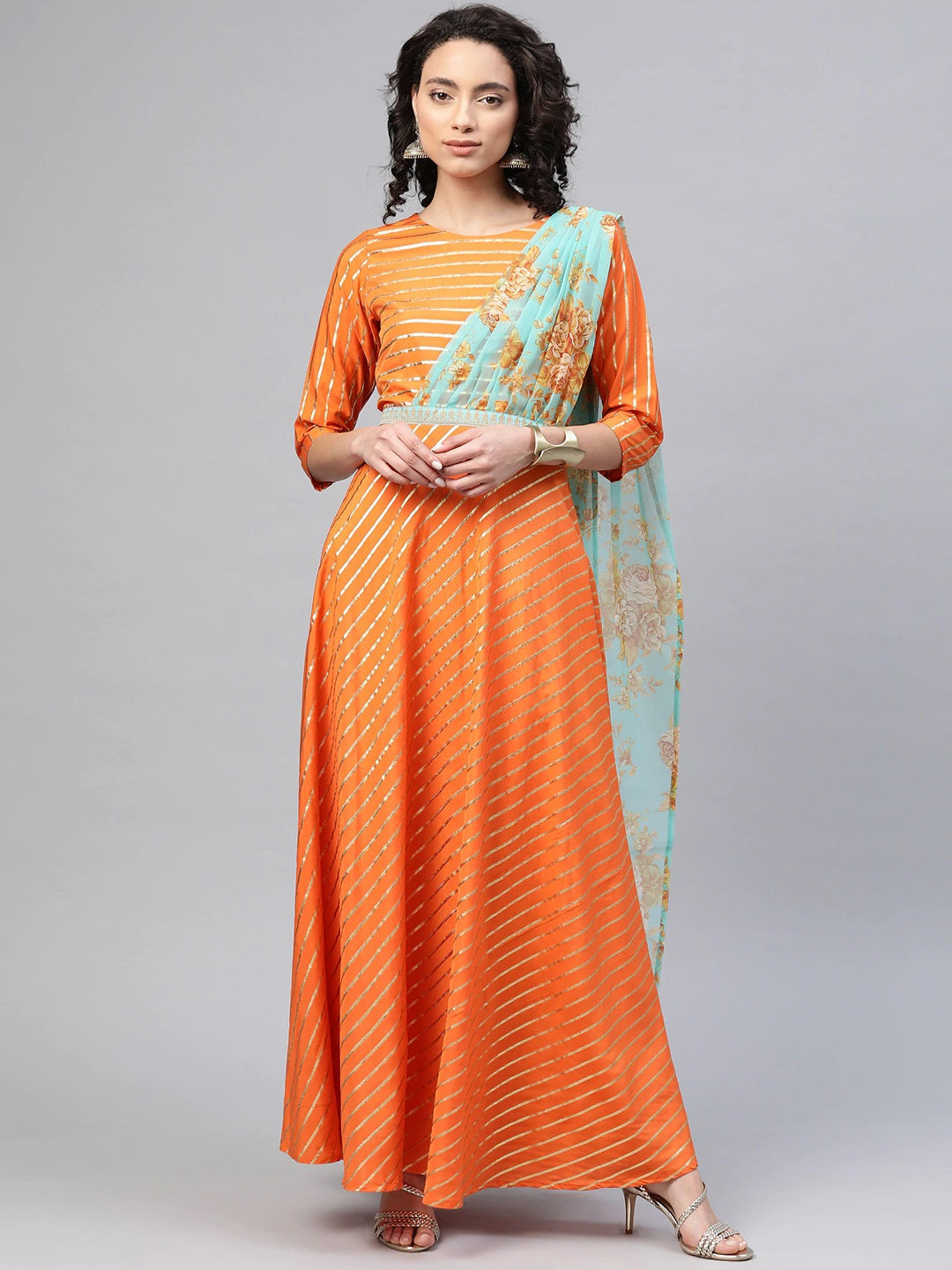 Orange & Gold Draped Ethnic Dress