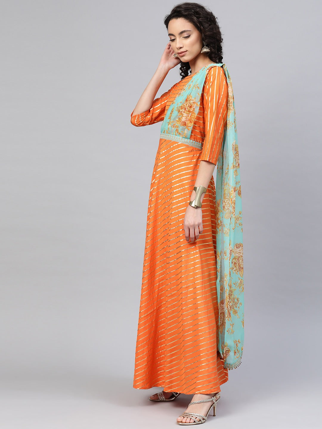 Orange & Gold Draped Ethnic Dress