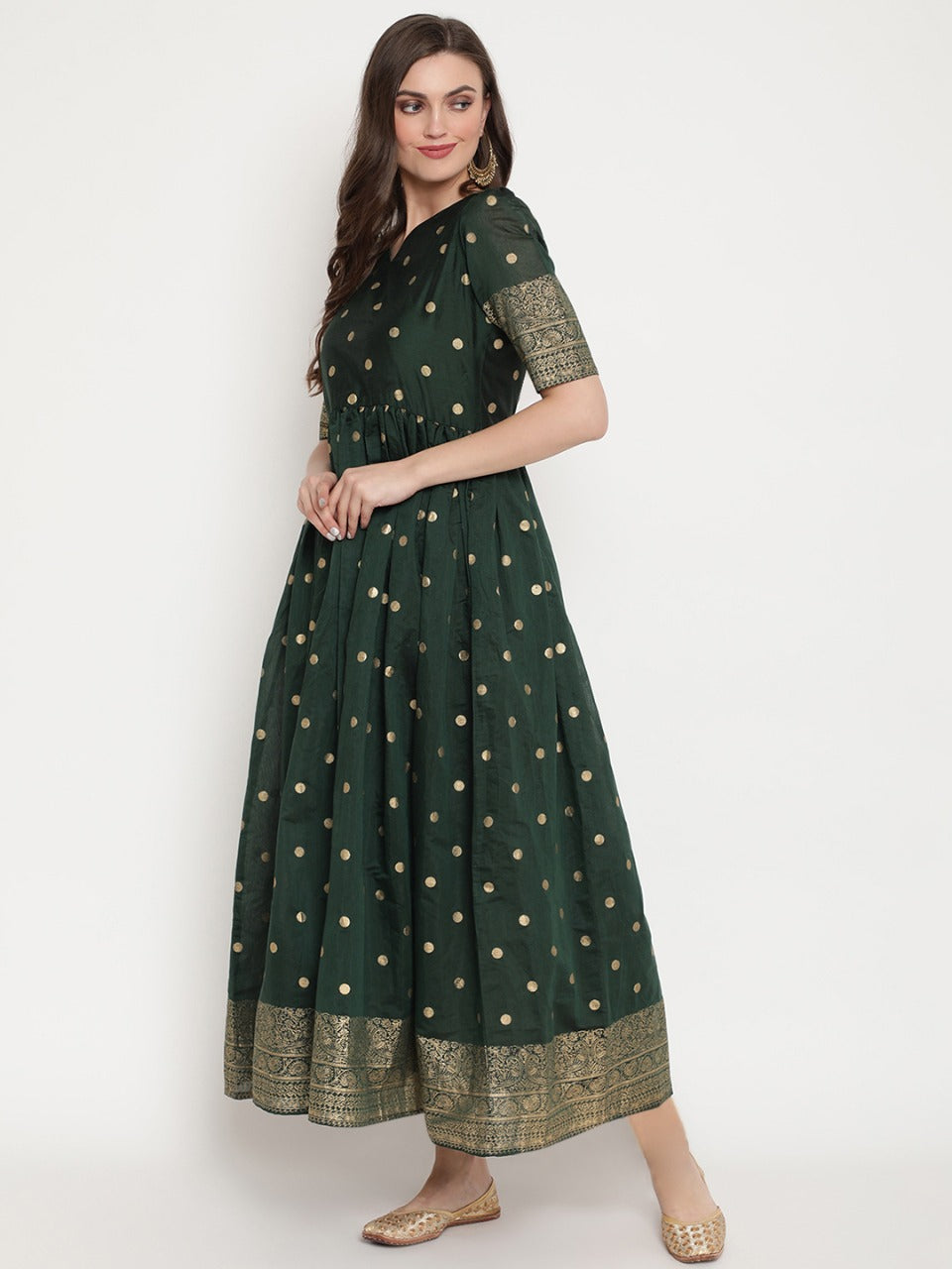 Green Polka Dots Print Chanderi Silk Anarkali Kurta-AH