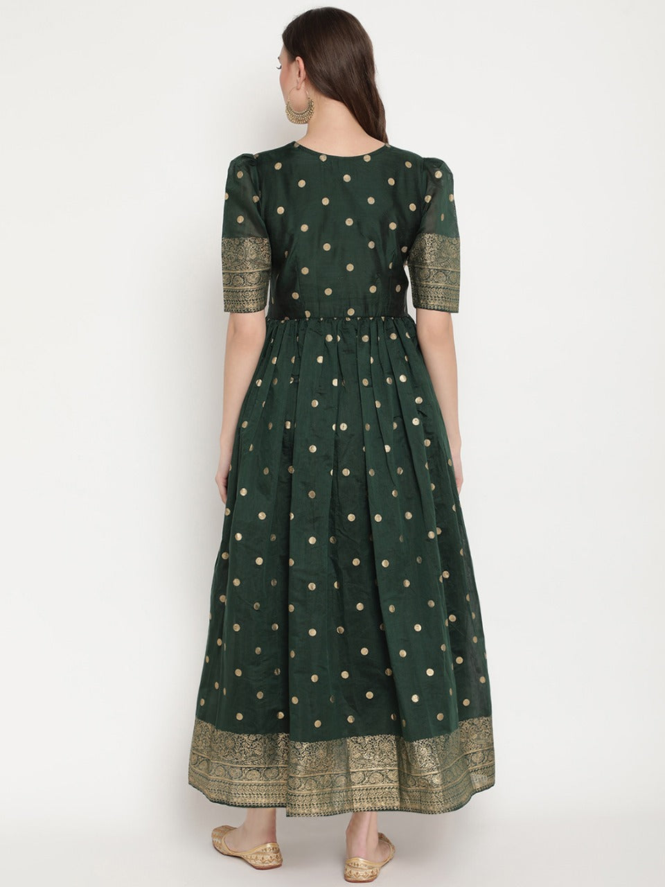 Green Polka Dots Print Chanderi Silk Anarkali Kurta-AH