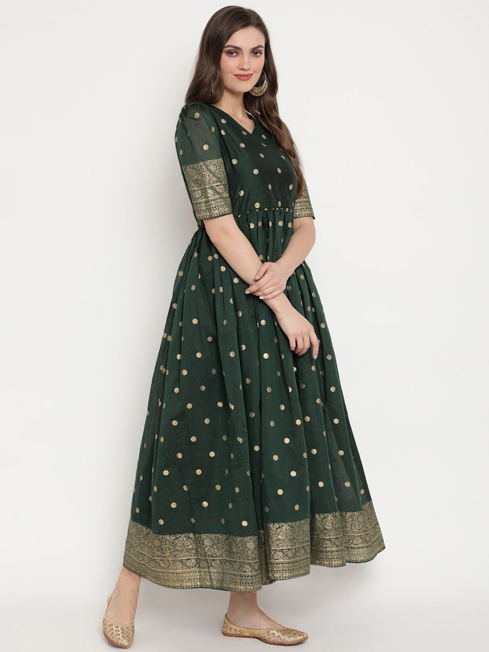 Green Polka Dots Print Chanderi Silk Anarkali Kurta-AH