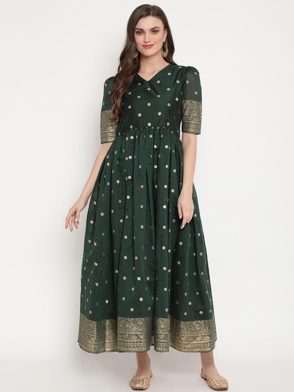 Green Polka Dots Print Chanderi Silk Anarkali Kurta-AH