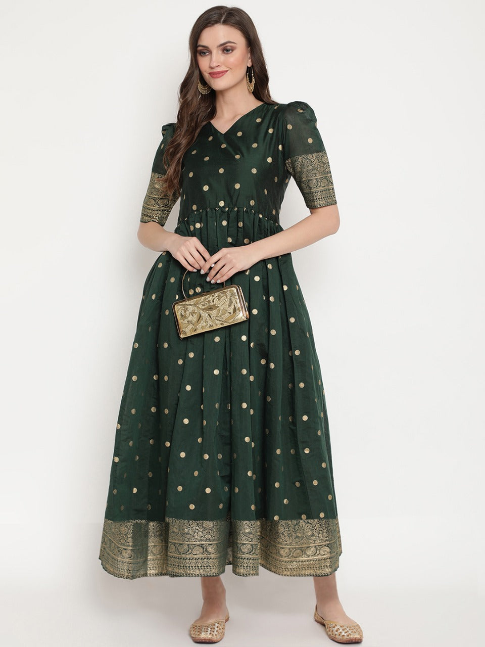 Green Polka Dots Print Chanderi Silk Anarkali Kurta-AH