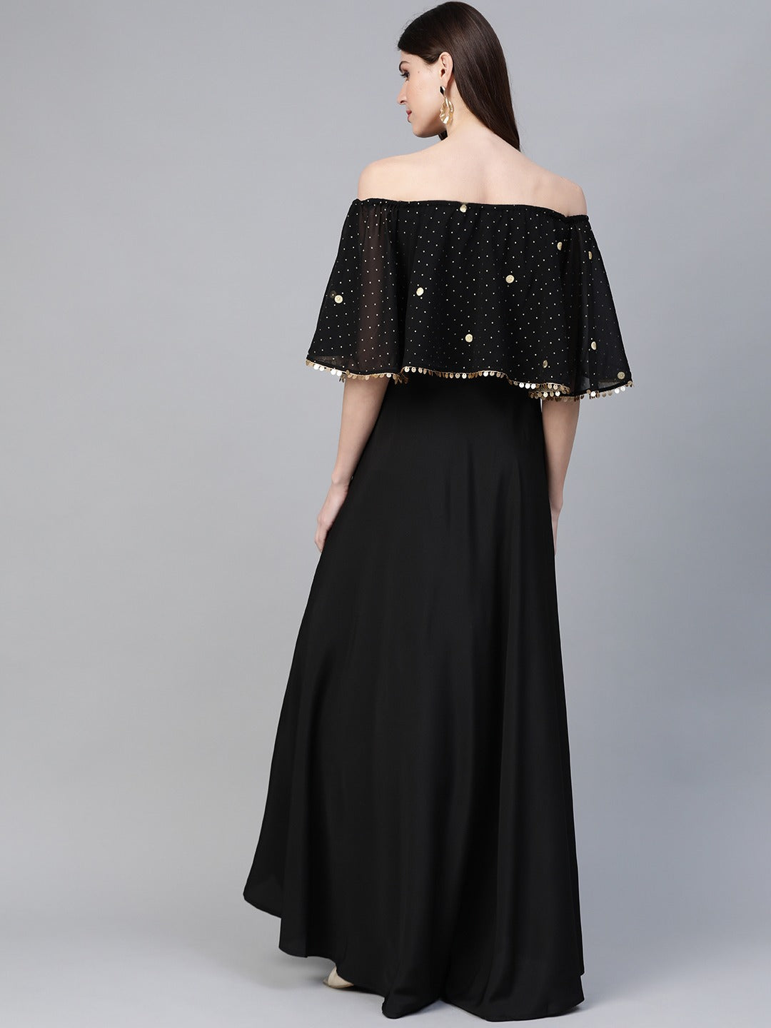 Black & Golden Foil Printed Detail Off-Shoulder Layered Maxi Dress