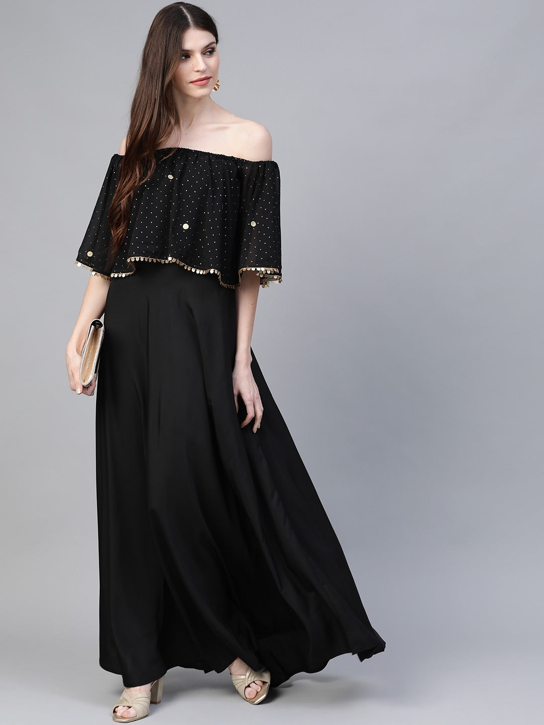 Black & Golden Foil Printed Detail Off-Shoulder Layered Maxi Dress