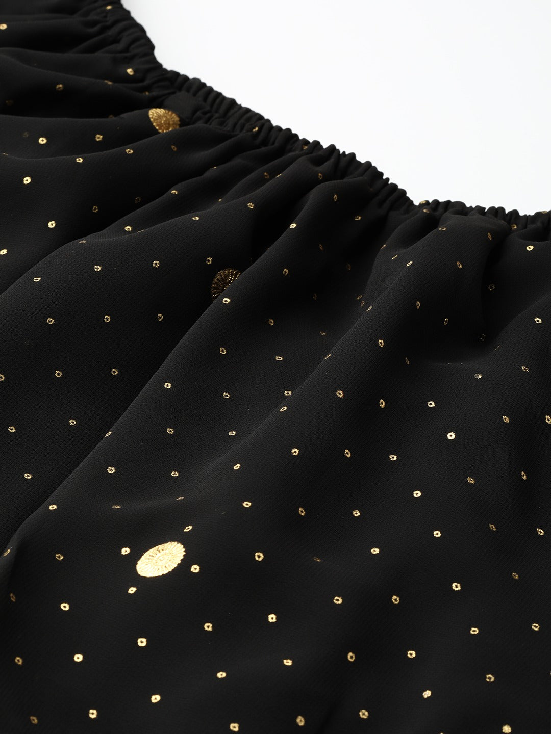 Black & Golden Foil Printed Detail Off-Shoulder Layered Maxi Dress