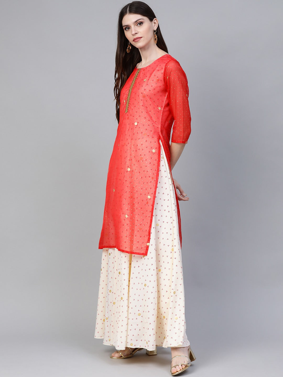 Off White & Red Bandhani Foil Printed Layered Maxi Dress