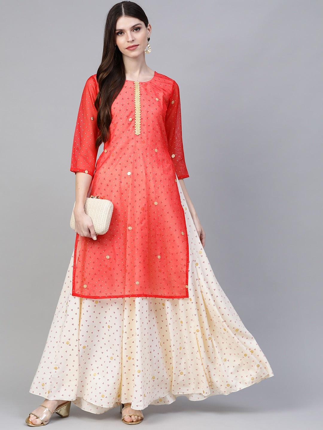Off White & Red Bandhani Foil Printed Layered Maxi Dress
