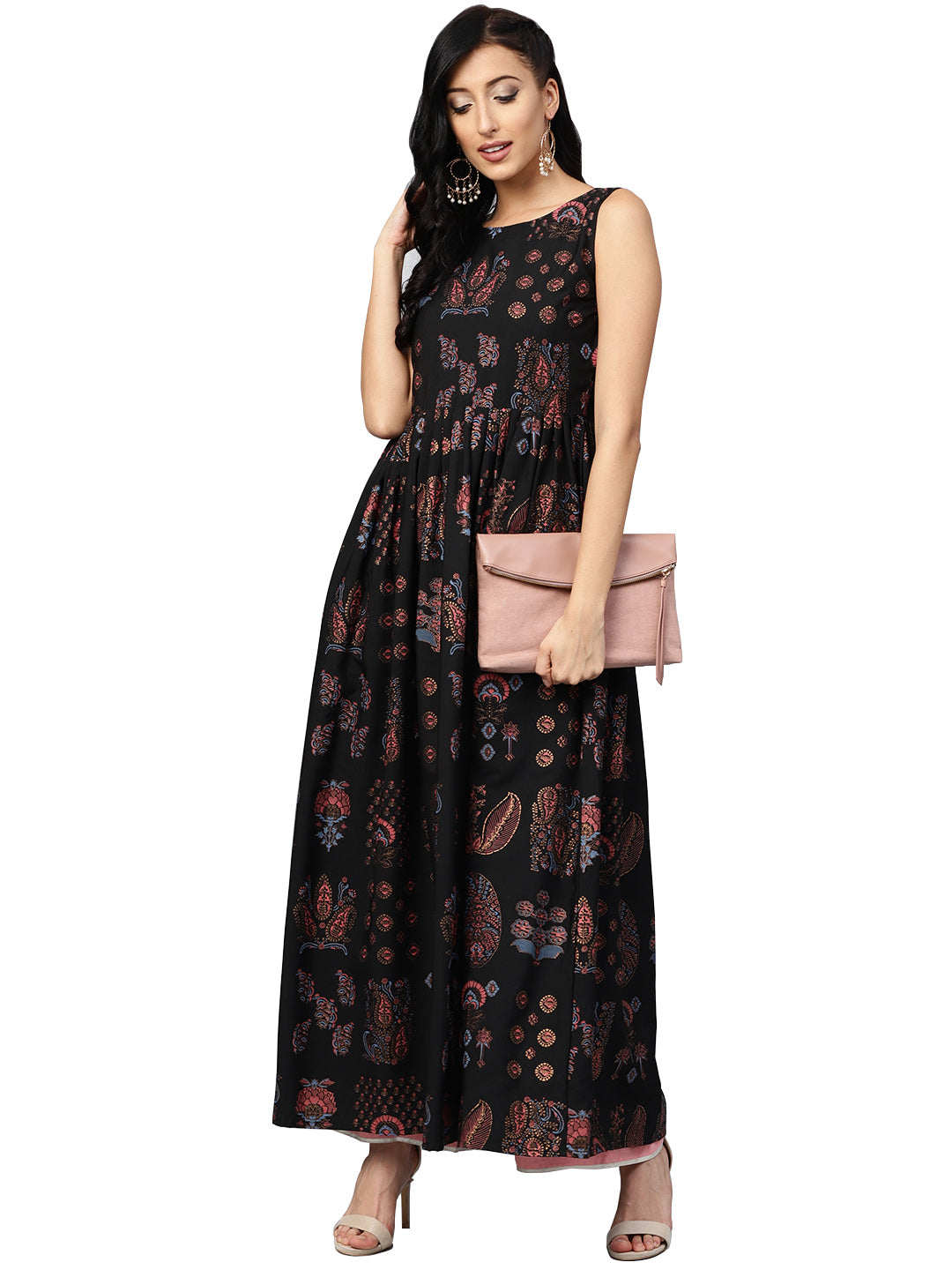 Black Printed Flare Kurta Dress For Women