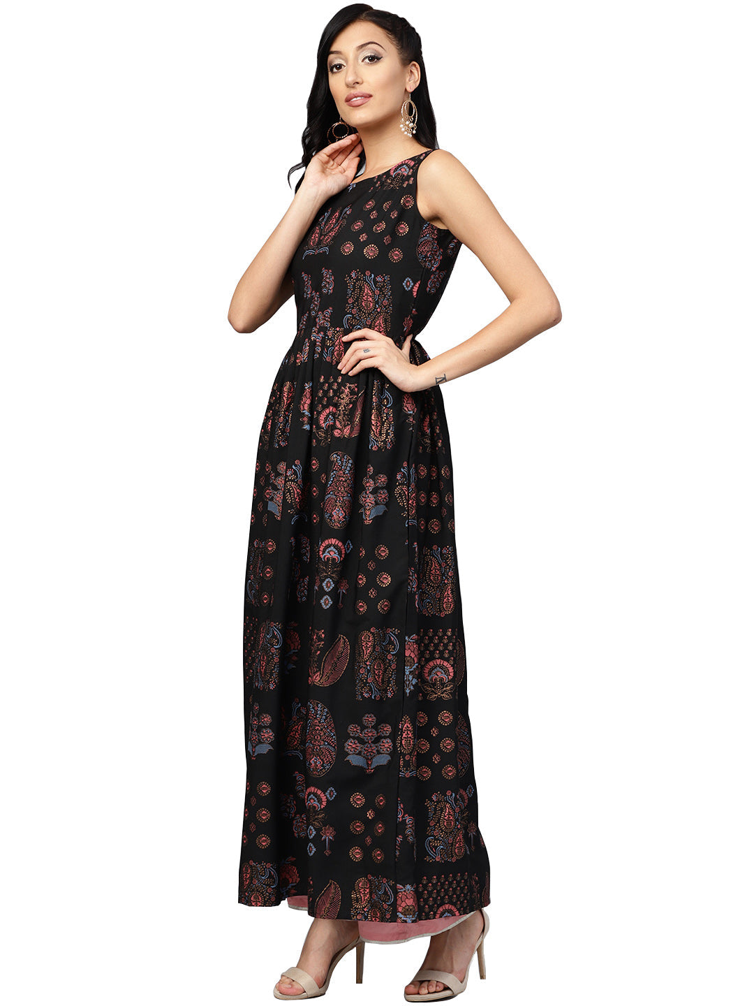 Black Printed Flare Kurta Dress For Women