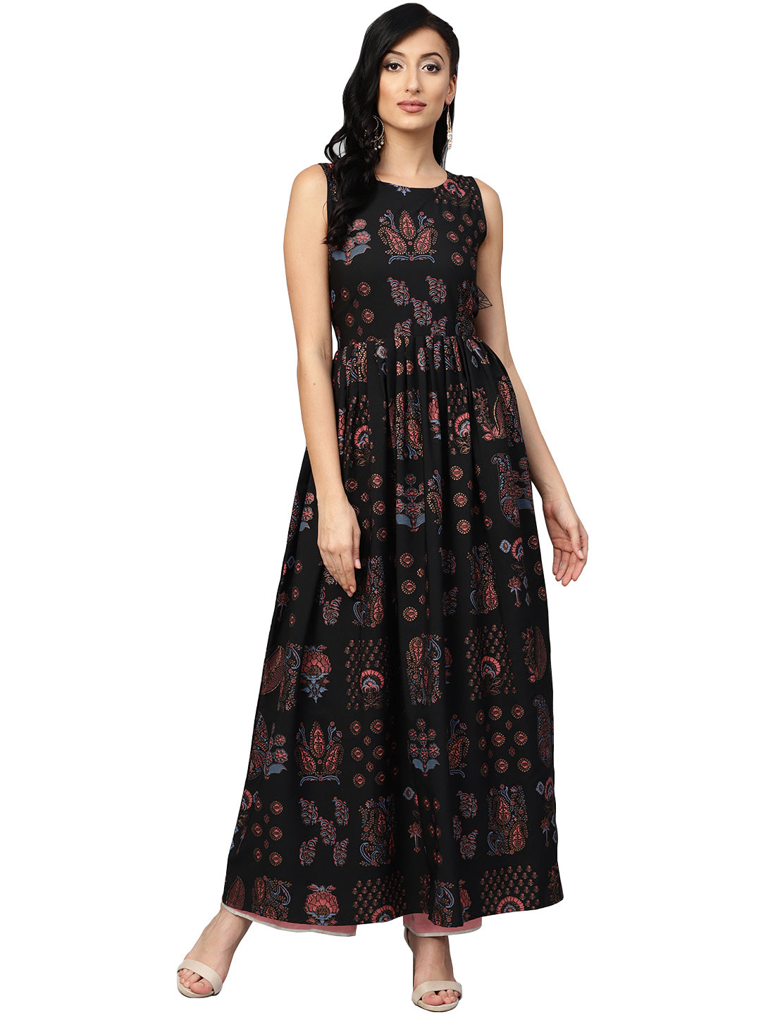 Black Printed Flare Kurta Dress For Women