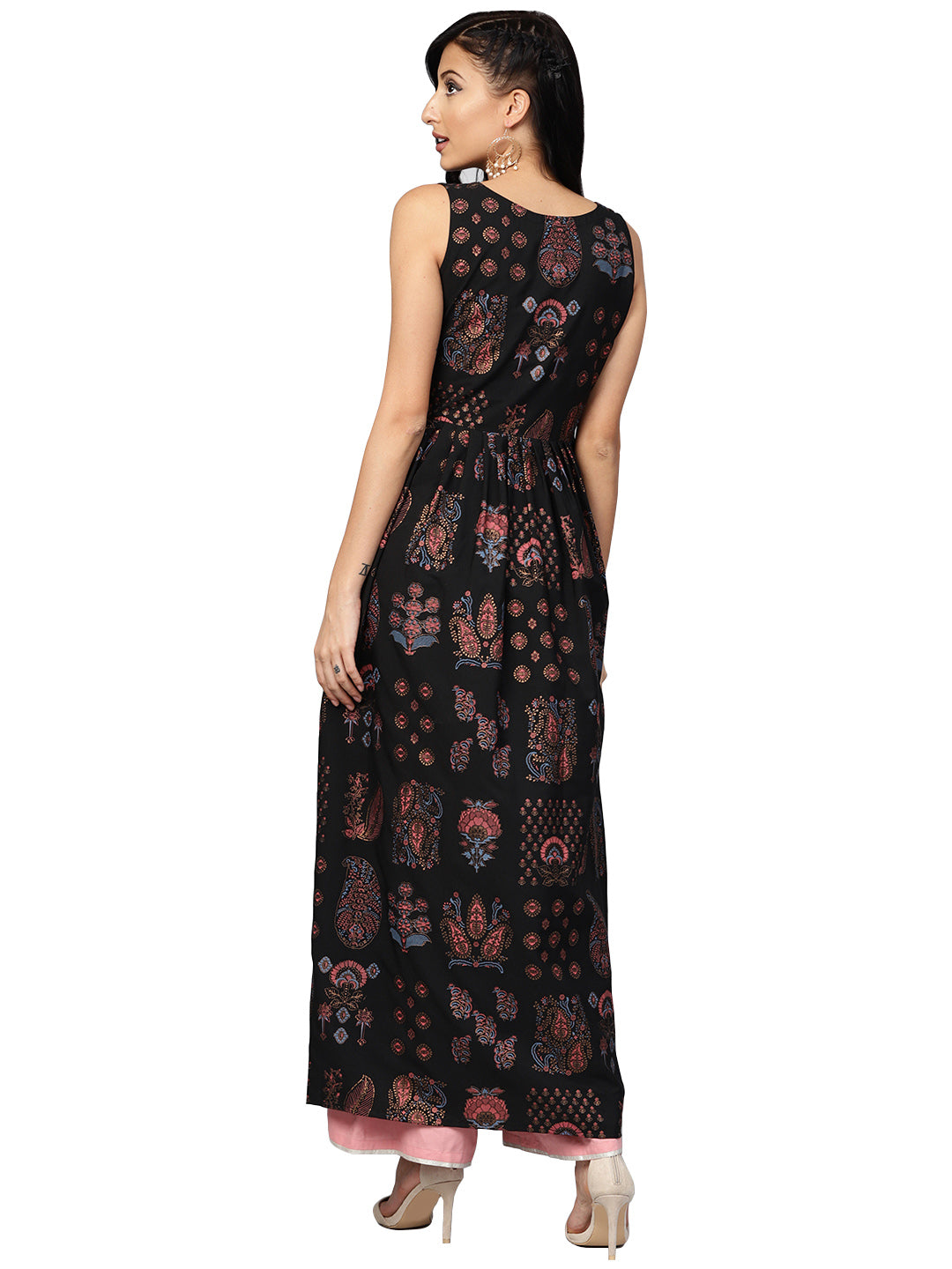 Black Printed Flare Kurta Dress For Women