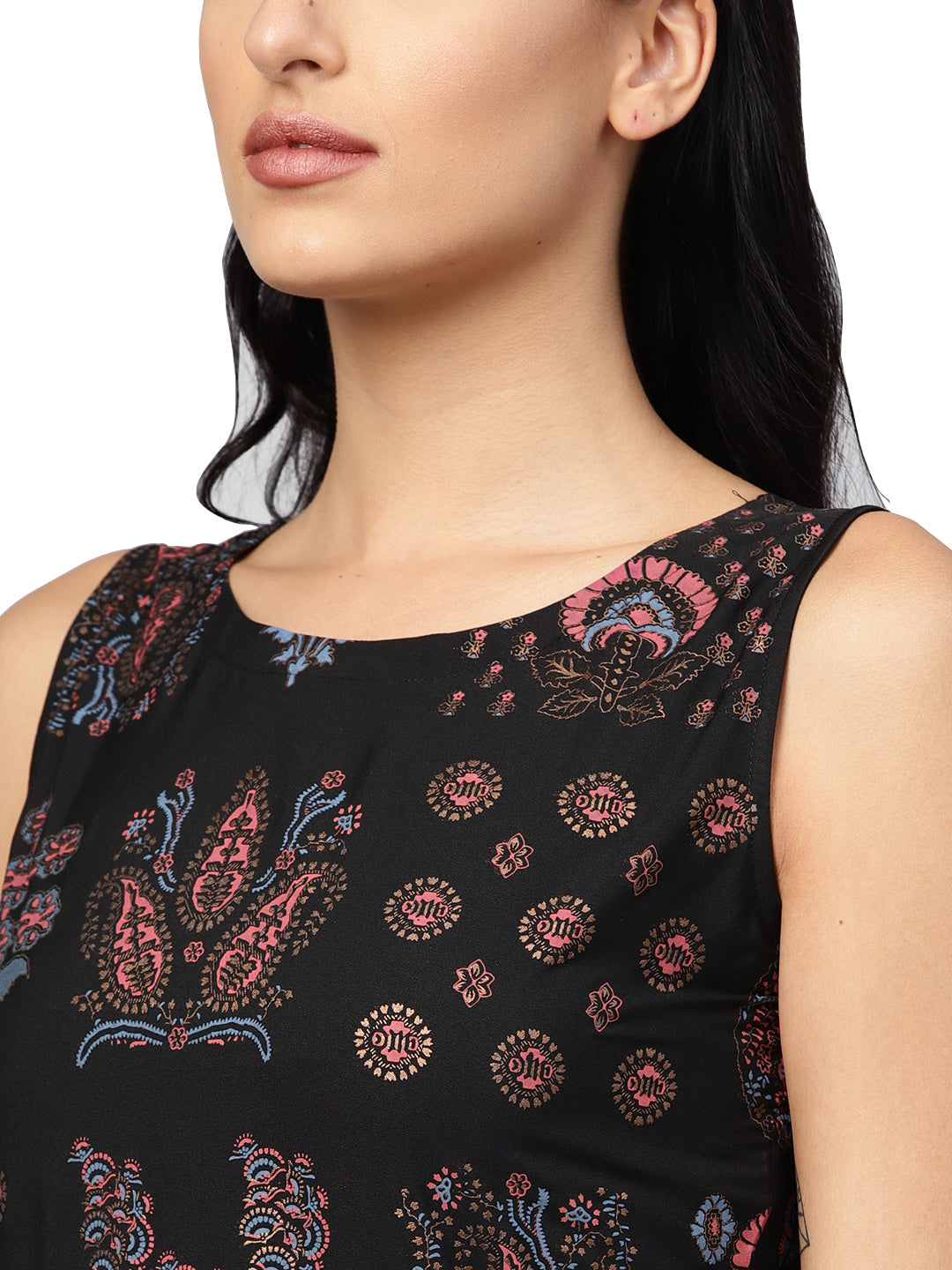 Black Printed Flare Kurta Dress For Women