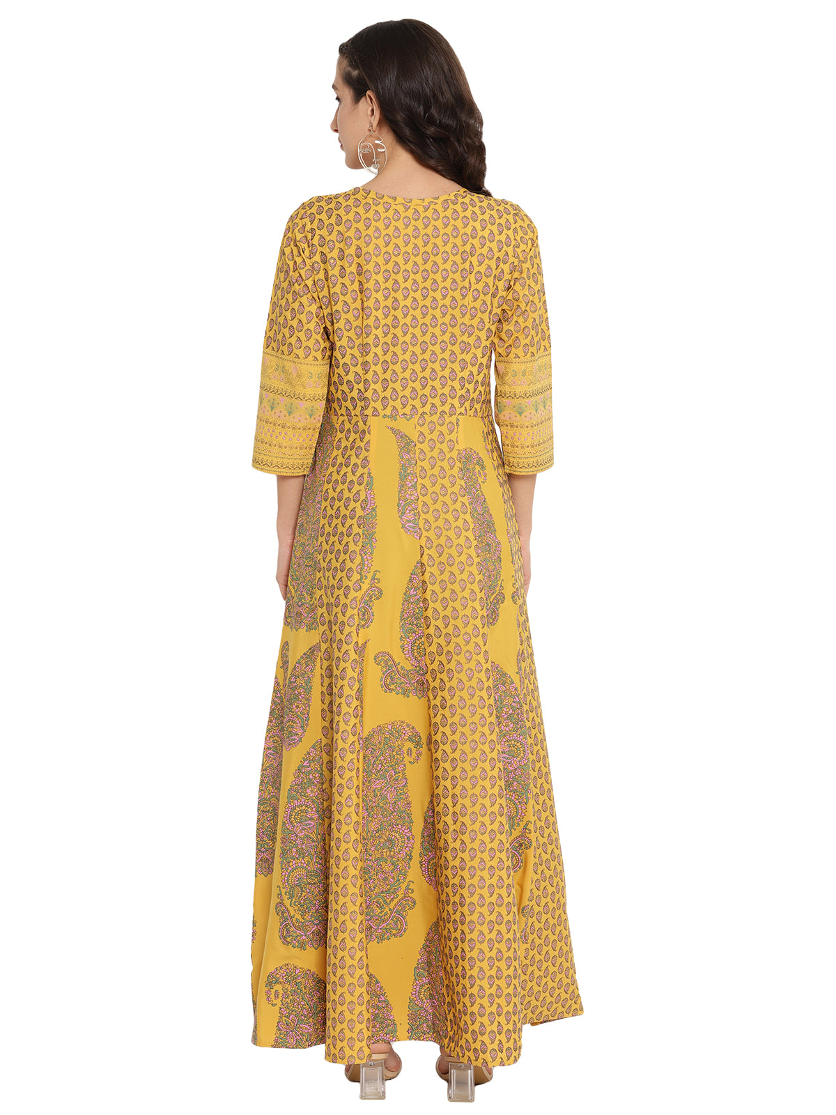 Mustard Yellow & Grey Printed Fit and Flare Maxi Dress