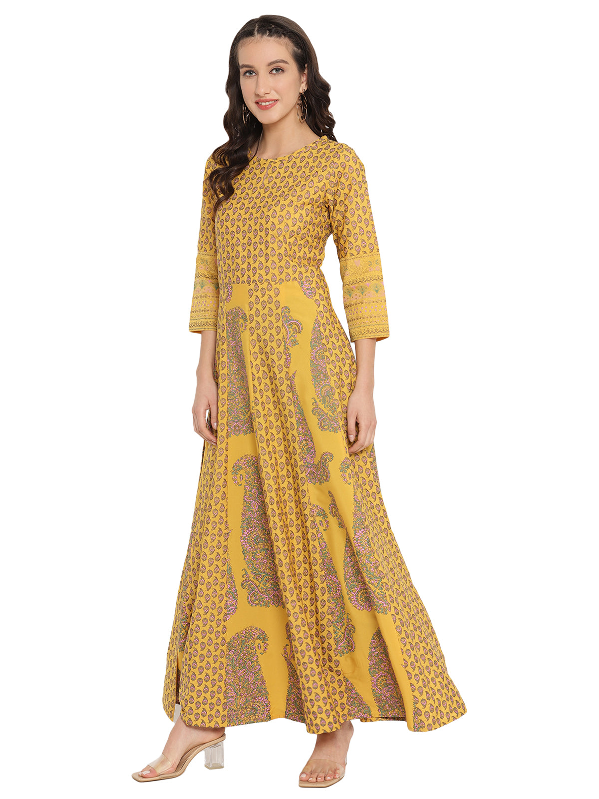 Mustard Yellow & Grey Printed Fit and Flare Maxi Dress