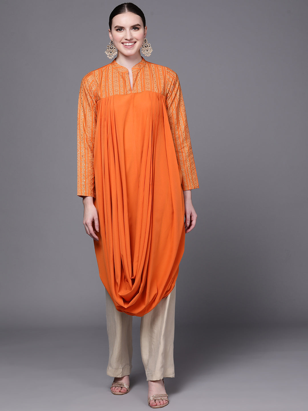 Orange Printed Crepe Cowl Kurta