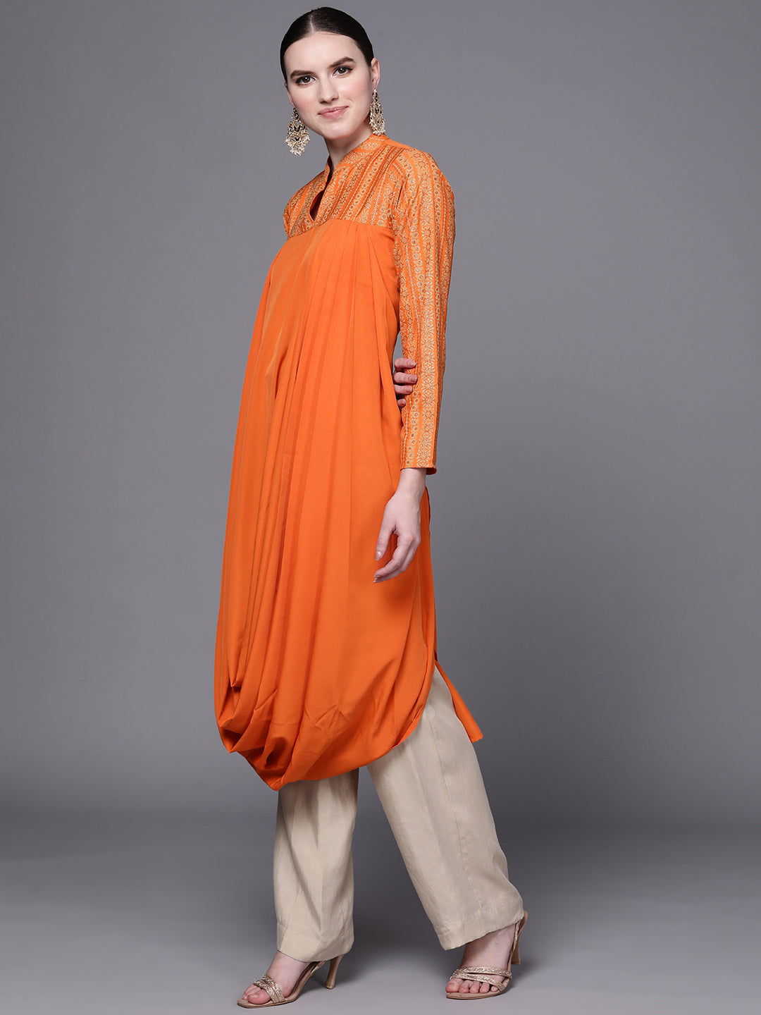 Orange Printed Crepe Cowl Kurta