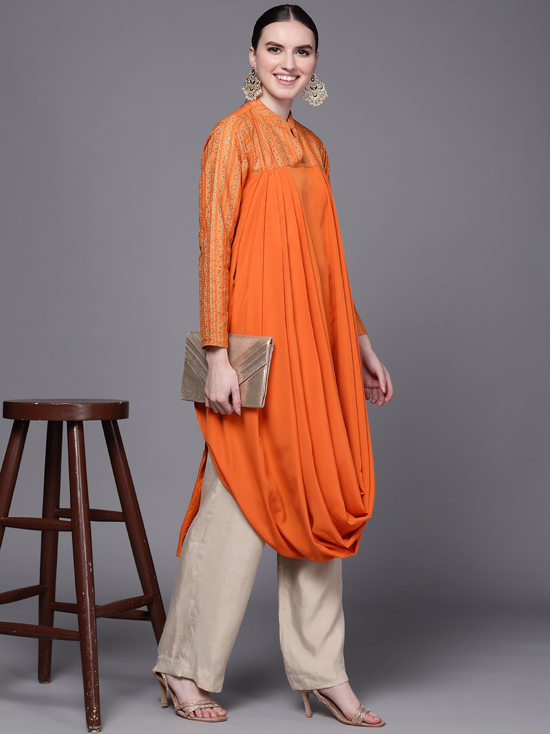 Orange Printed Crepe Cowl Kurta