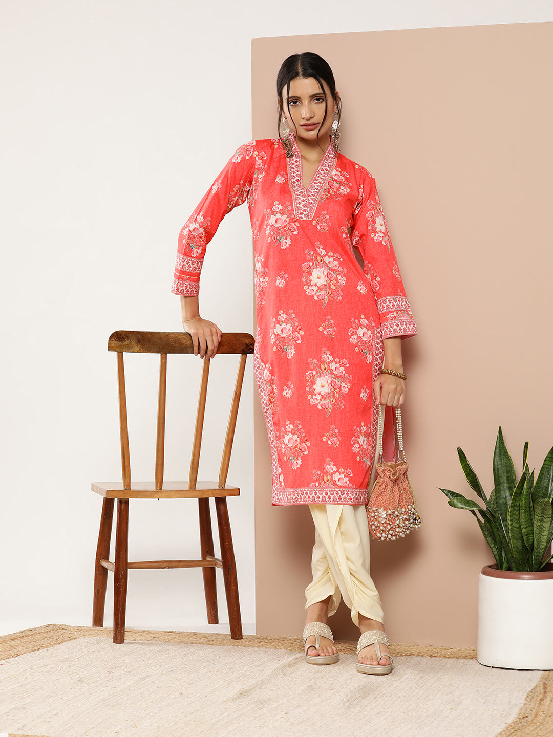 Red Floral Printed Gotta Patti Kurta with Dhoti Pants