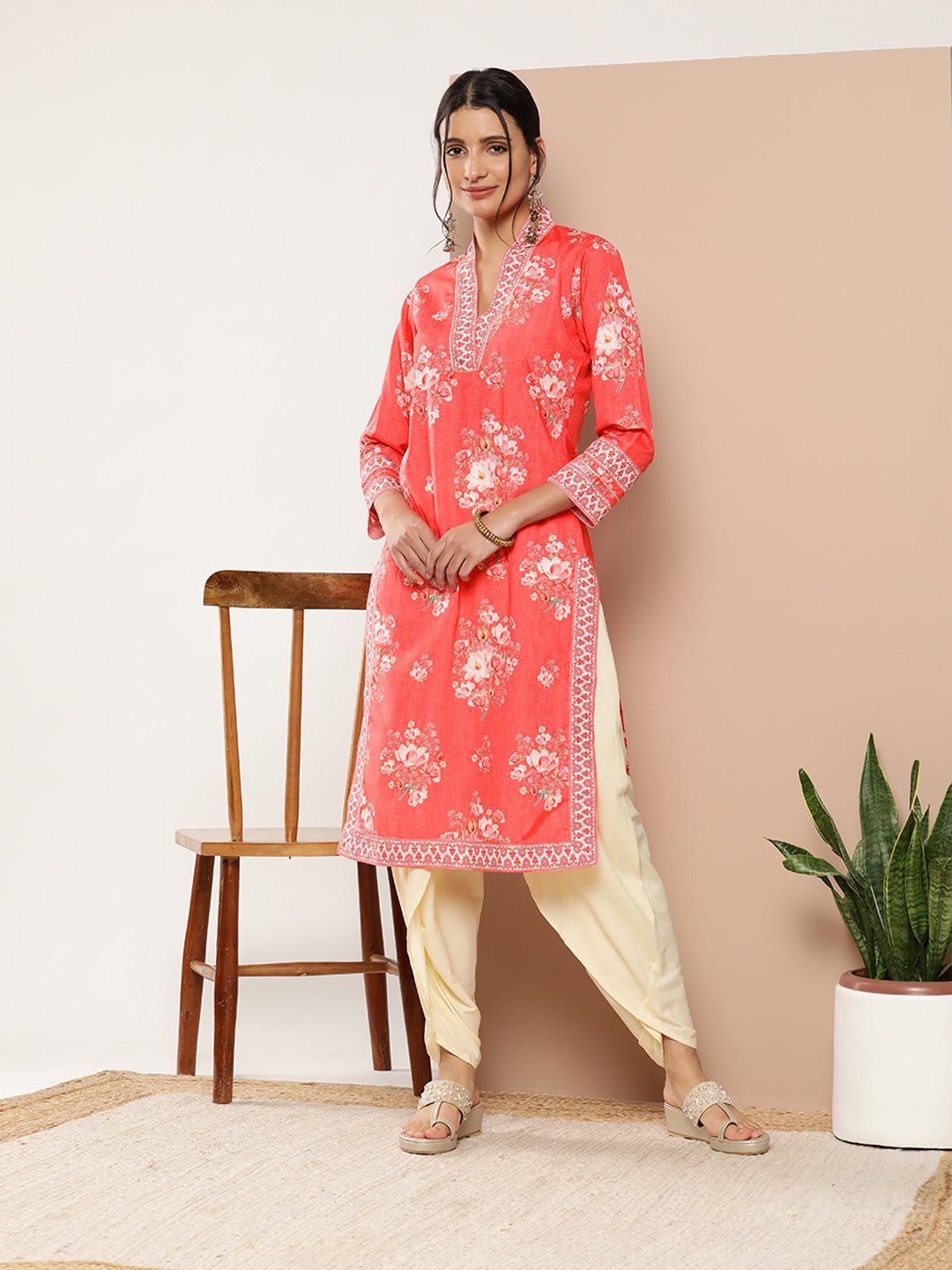 Red Floral Printed Gotta Patti Kurta with Dhoti Pants