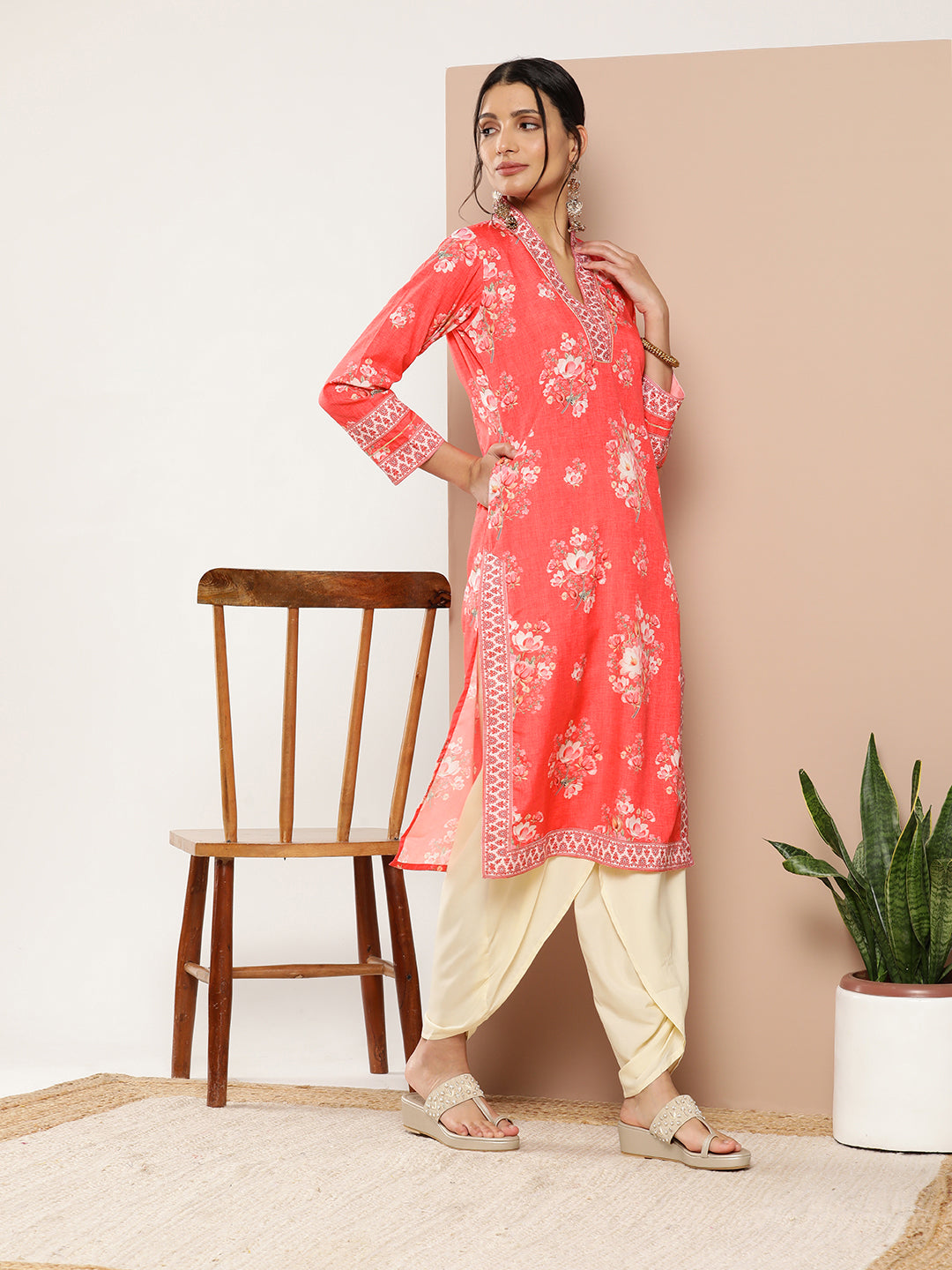 Red Floral Printed Gotta Patti Kurta with Dhoti Pants