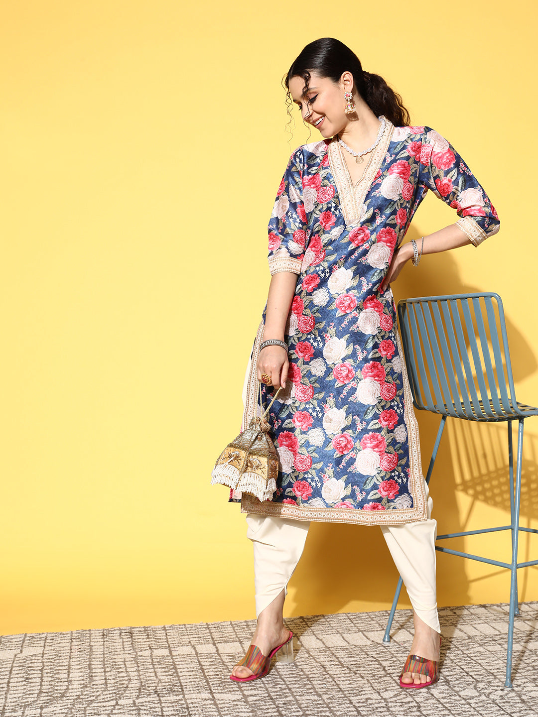 Navy Blue Floral Printed Kurta with Dhoti Pants