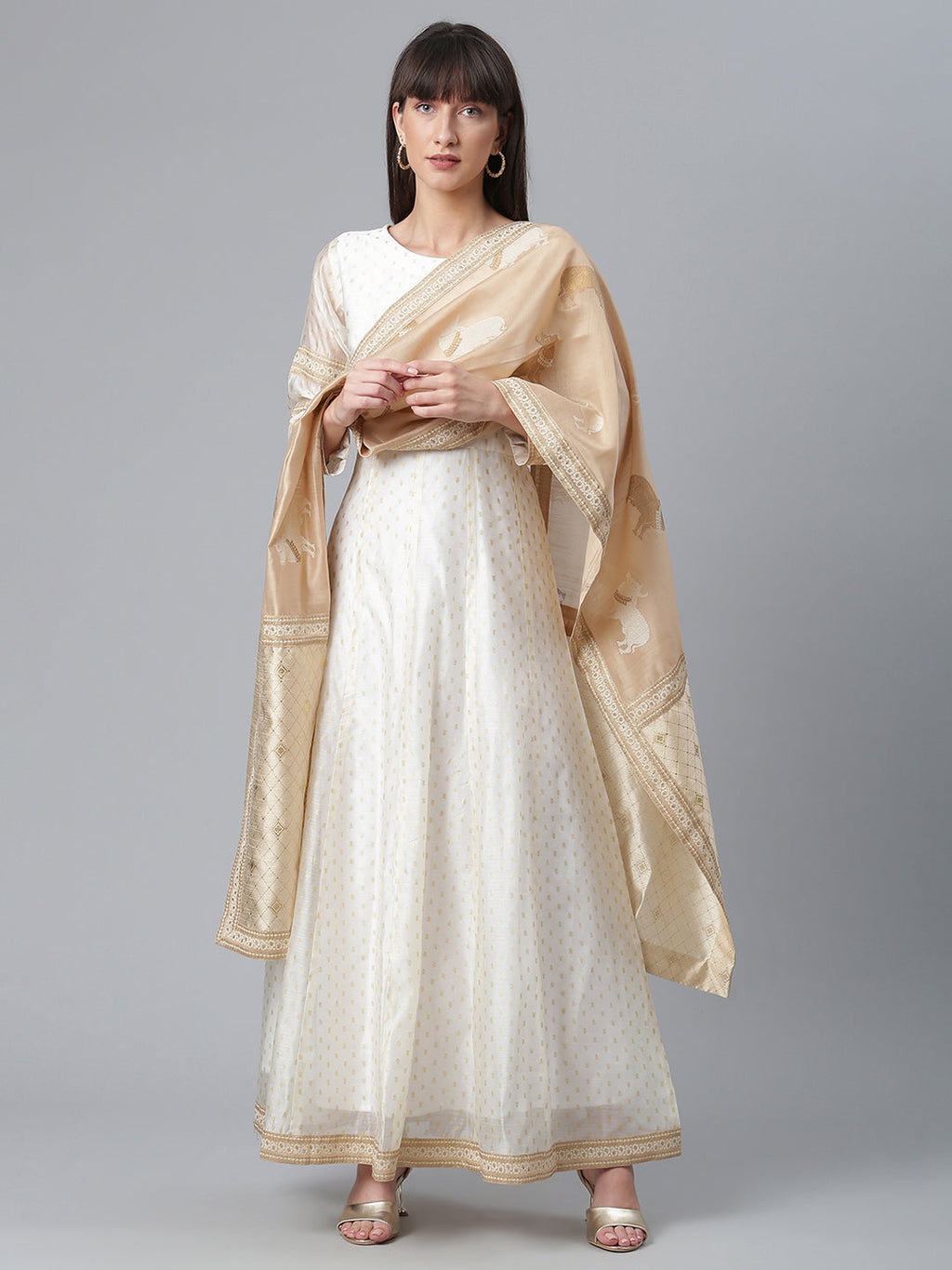 Cream-Coloured & Golden Printed Anarkali Kurta with Dupatta-AH