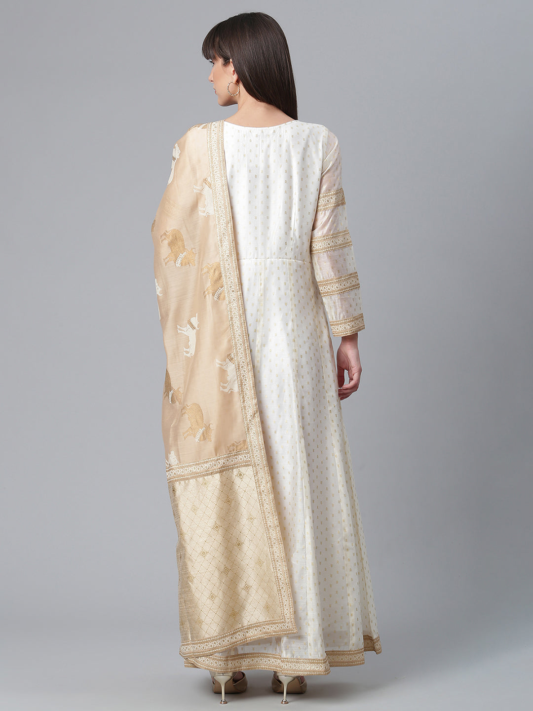 Cream-Coloured & Golden Printed Anarkali Kurta with Dupatta