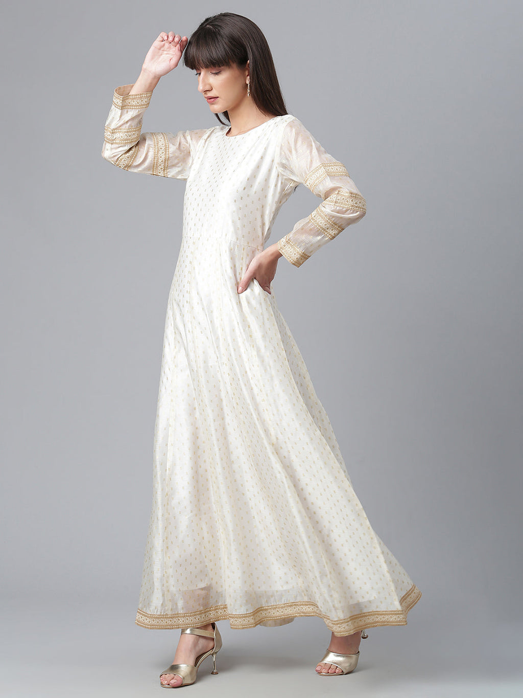 Cream-Coloured & Golden Printed Anarkali Kurta with Dupatta-AH