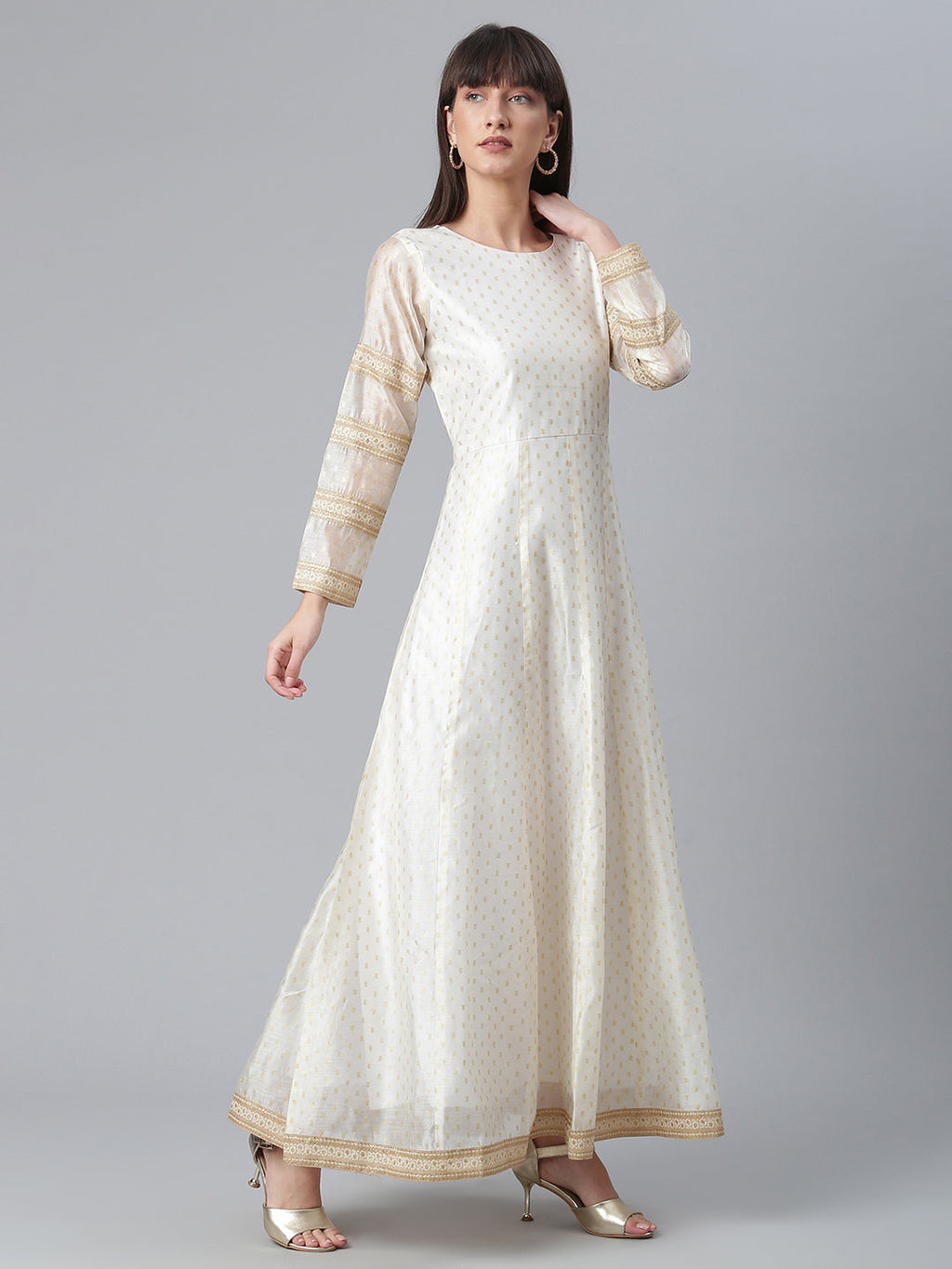 Cream-Coloured & Golden Printed Anarkali Kurta with Dupatta-AH