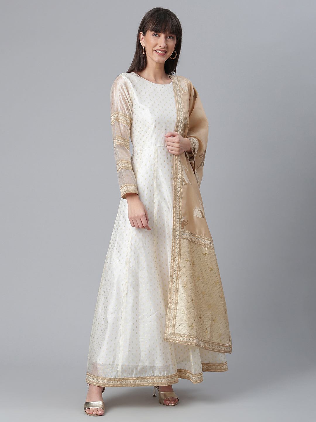 Cream-Coloured & Golden Printed Anarkali Kurta with Dupatta