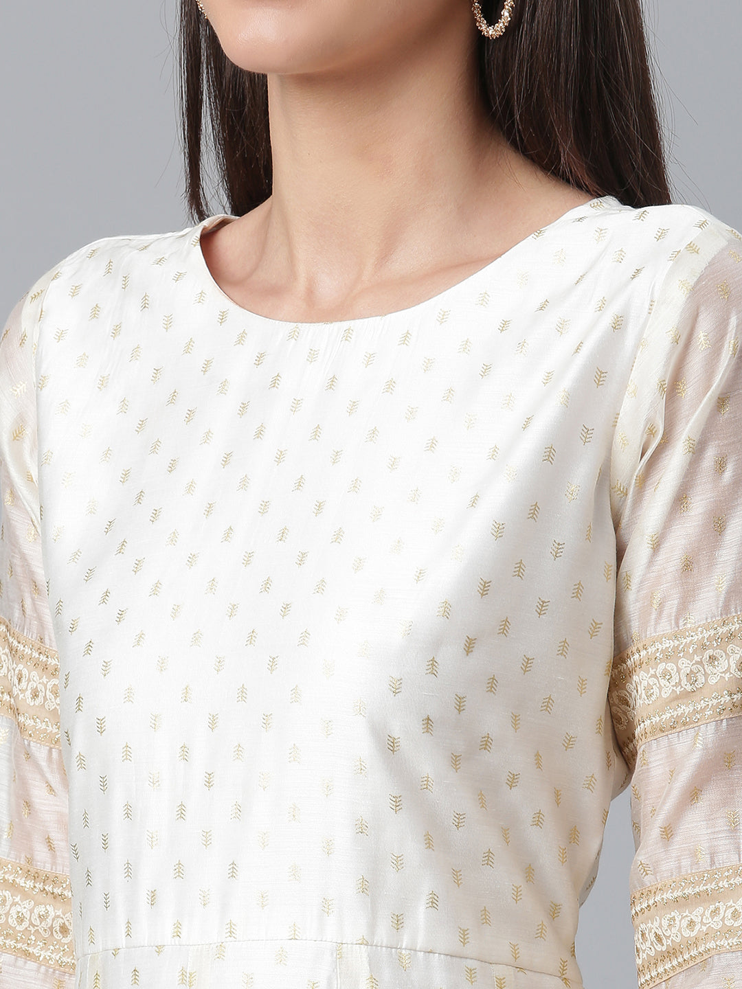 Cream-Coloured & Golden Printed Anarkali Kurta with Dupatta