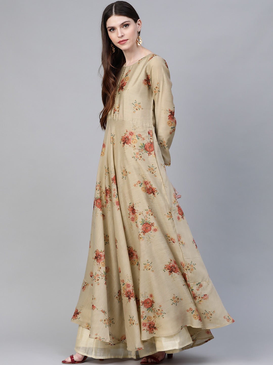 Beige & Brown Floral Printed Anarkali Kurta Dress with Dupatta