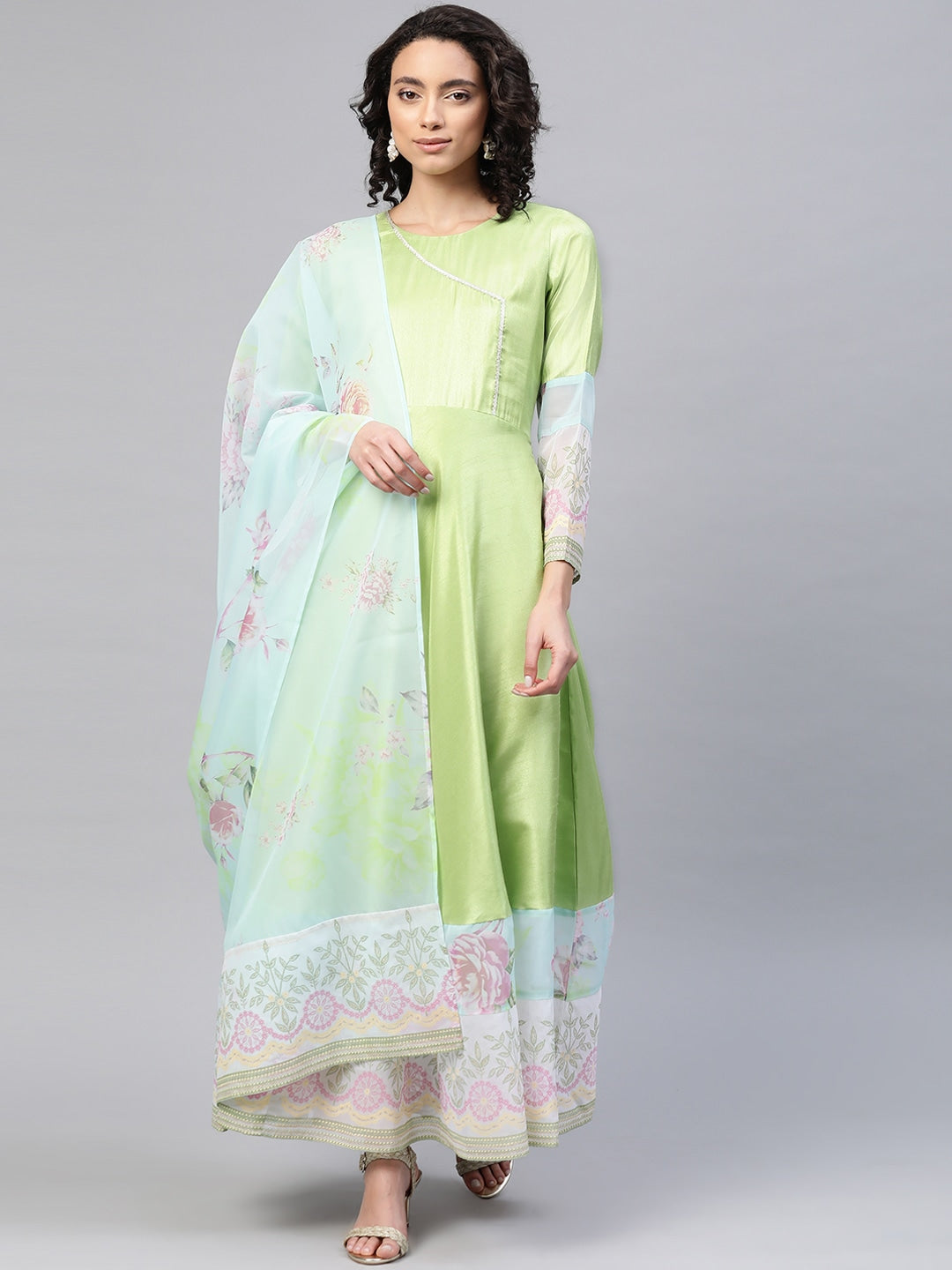 Lime Green & Blue Solid Angrakha Kurta Dress With Printed Dupatta