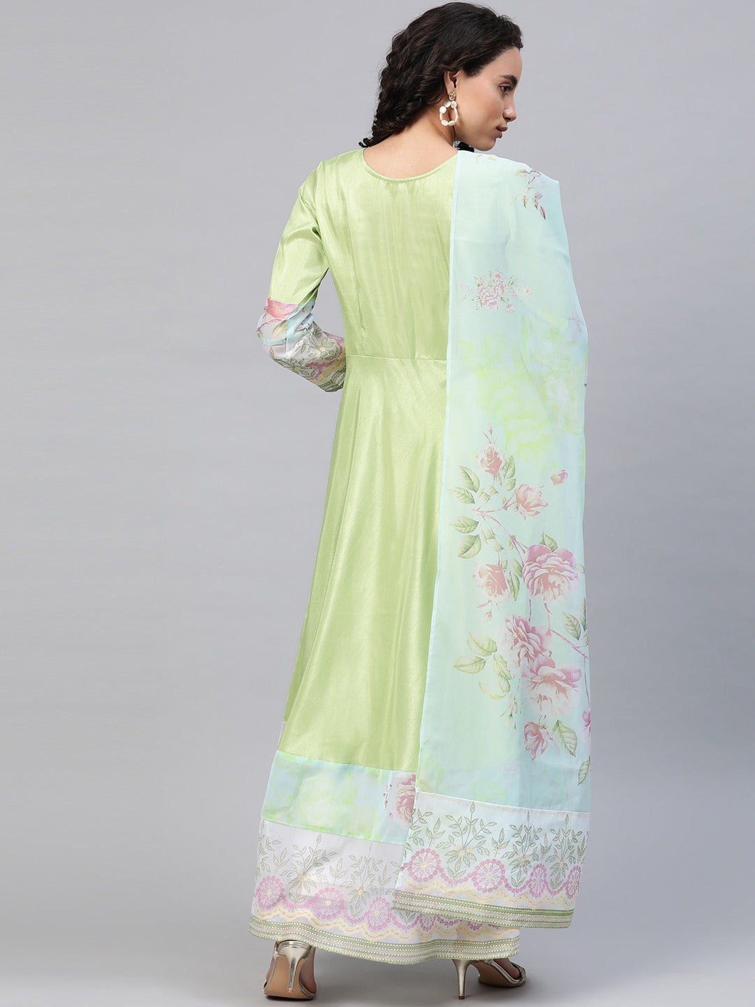 Lime Green & Blue Solid Angrakha Kurta Dress With Printed Dupatta